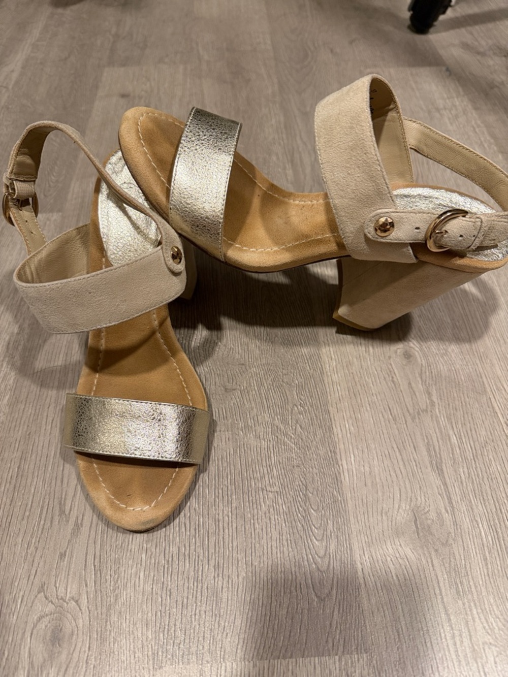 Joie Beige Suede Block Heel Sandals with Metallic Silver Strap